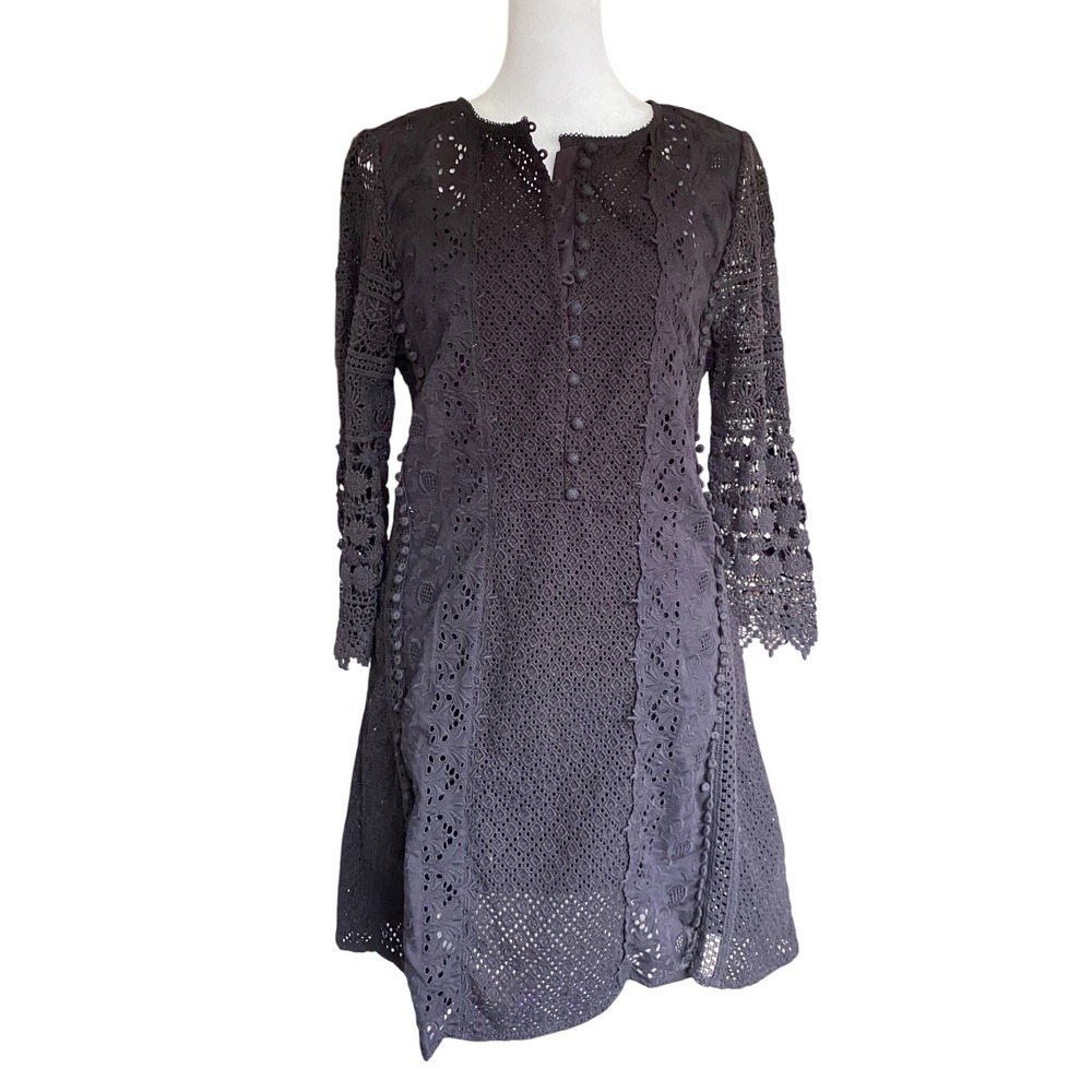 Athe Vanessa Bruno Eyelet Lace Button Front Black Mini Dress 4 36 Fem Boho Glam